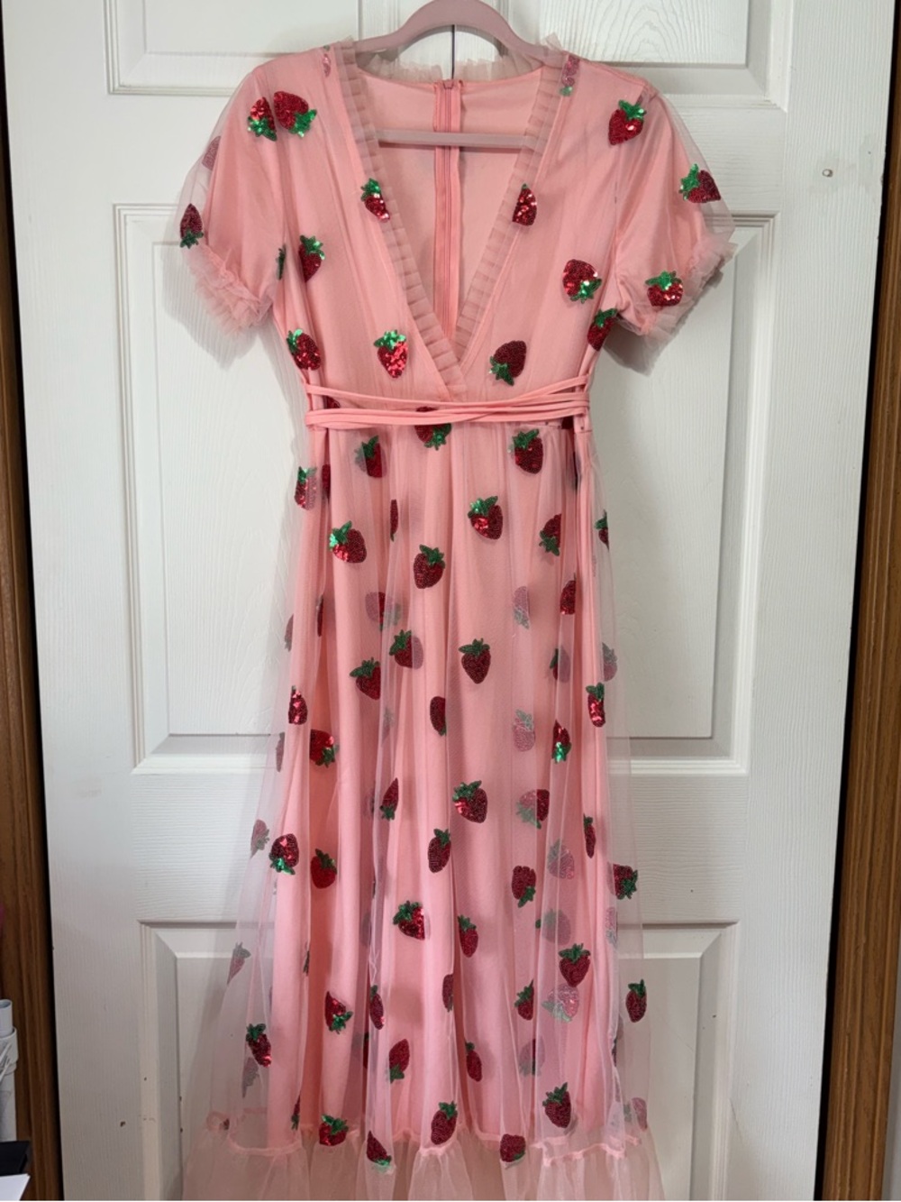 Pink Strawberry Sequin Maxi Dress - Feminine V-Neck